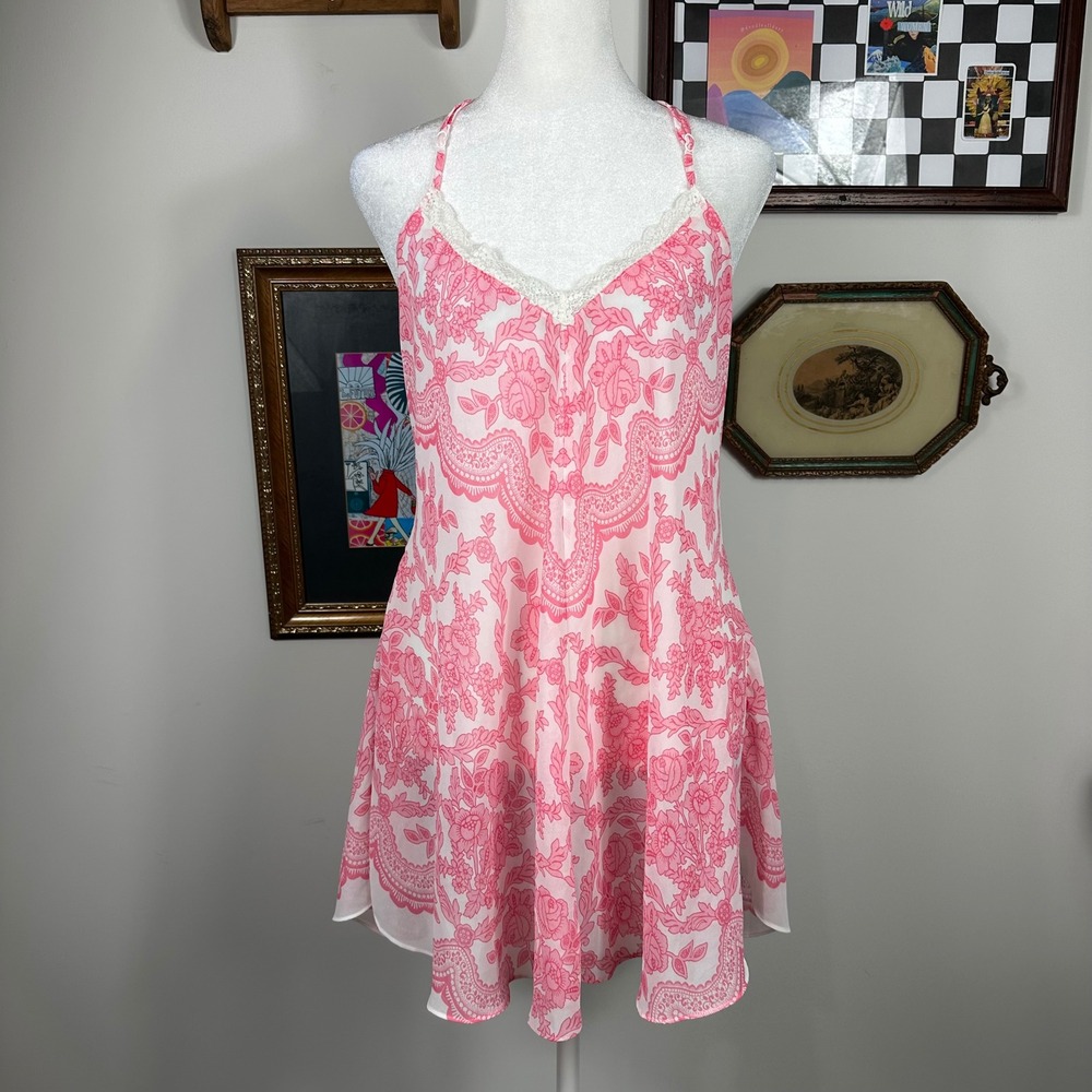 In Bloom Sheer Pink & White‎ Slip Dress w/ Lace Details - SIZE L Feminine Boho